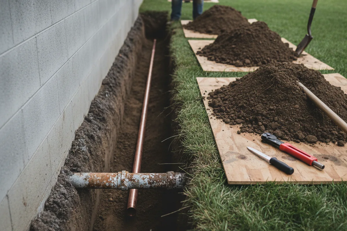 Excavated water line trench during Water Heater Repair in Hopedale